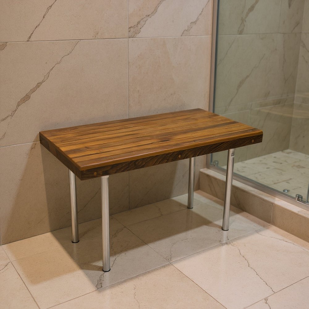 18" X 25" Brown Teak And Stainless Steel Rectangular Shower Bench HomeRoots