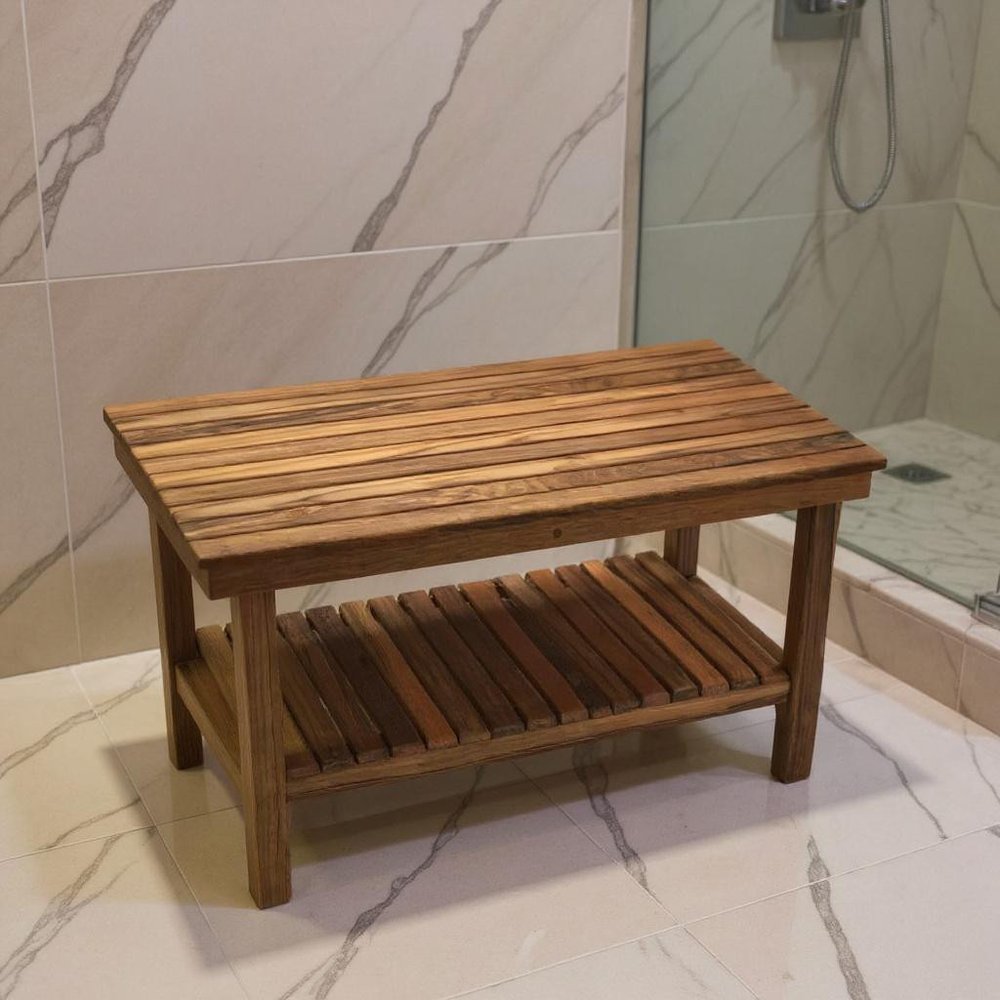 18" X 30" Brown Teak Rectangular Shower Bench With Shelf — view 9