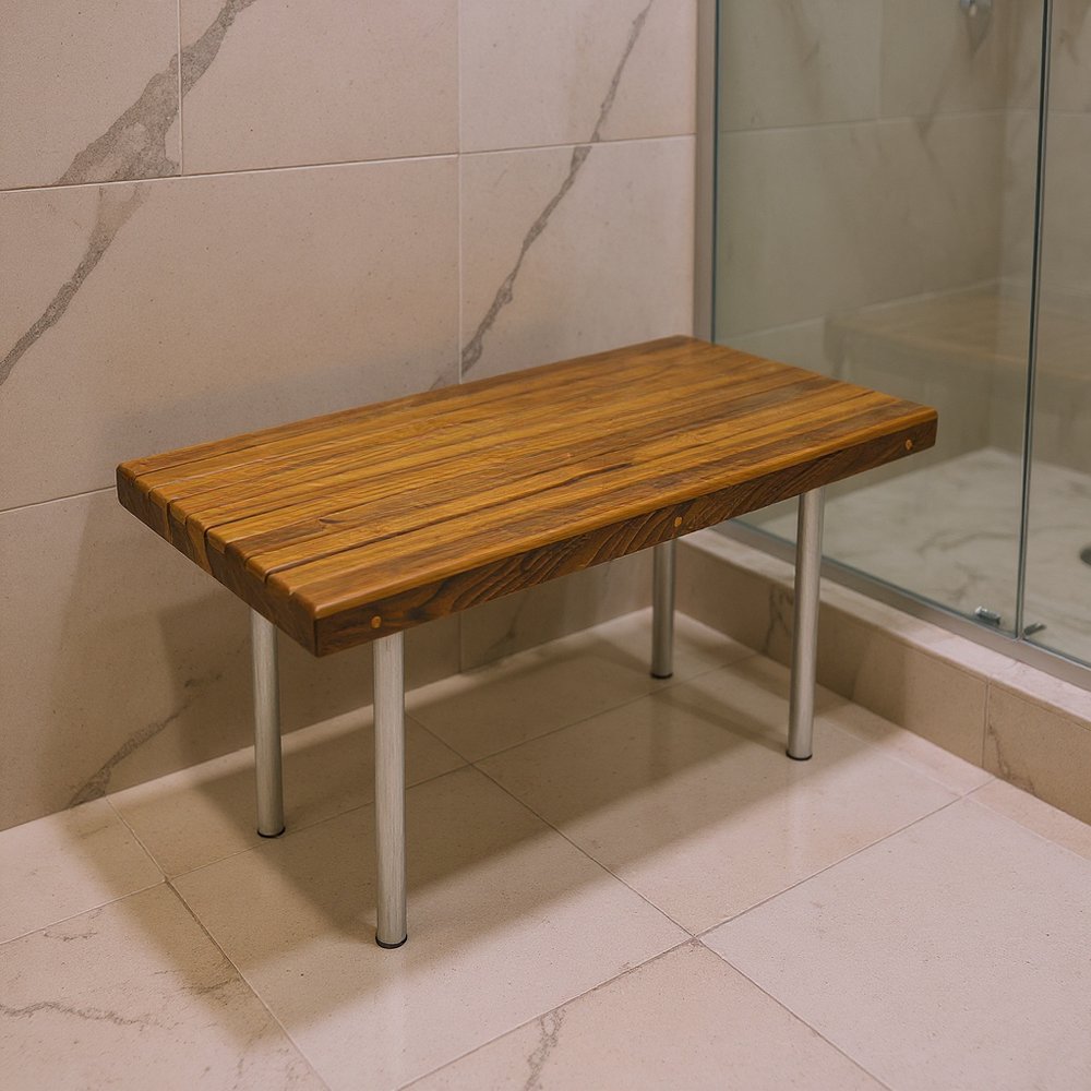 18" X 30" Brown Teak Wood And Stainless Steel Rectangular Shower Bench HomeRoots