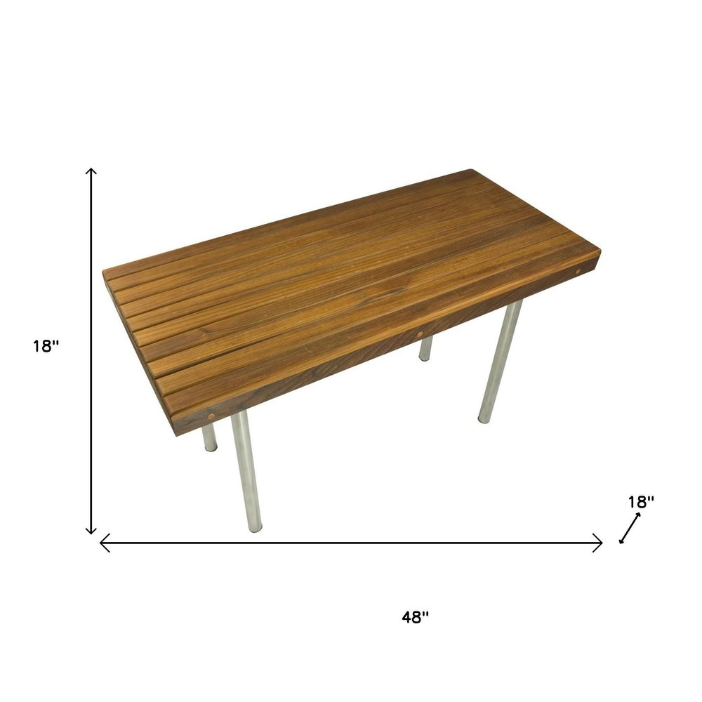 18" X 48" Brown Teak Wood And Stainless Steel Rectangular Shower Bench HomeRoots