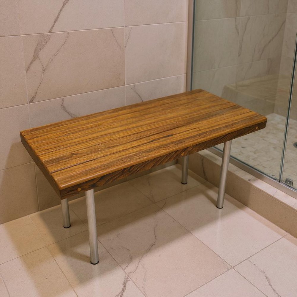 18" X 48" Brown Teak Wood And Stainless Steel Rectangular Shower Bench HomeRoots
