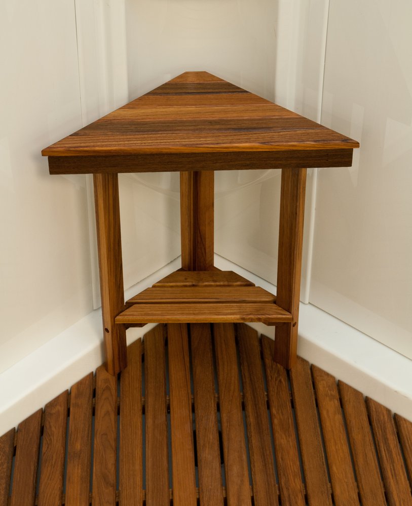 18" X 17" Brown Teak Corner Shower Bench With Shelf HomeRoots