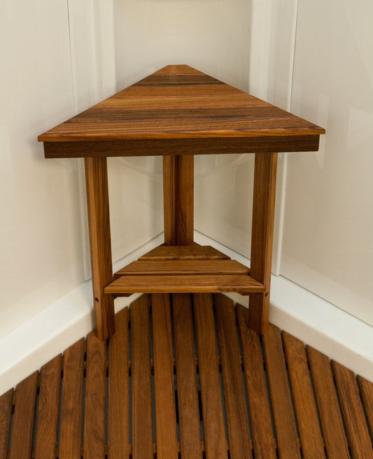 18" X 17" Brown Teak Corner Shower Bench With Shelf HomeRoots
