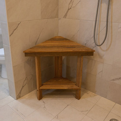 18" X 17" Brown Teak Corner Shower Bench With Shelf HomeRoots