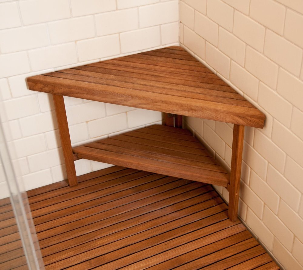 18" X 31" Brown Teak Corner Shower Bench With Shelf HomeRoots