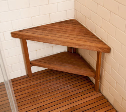 18" X 31" Brown Teak Corner Shower Bench With Shelf HomeRoots