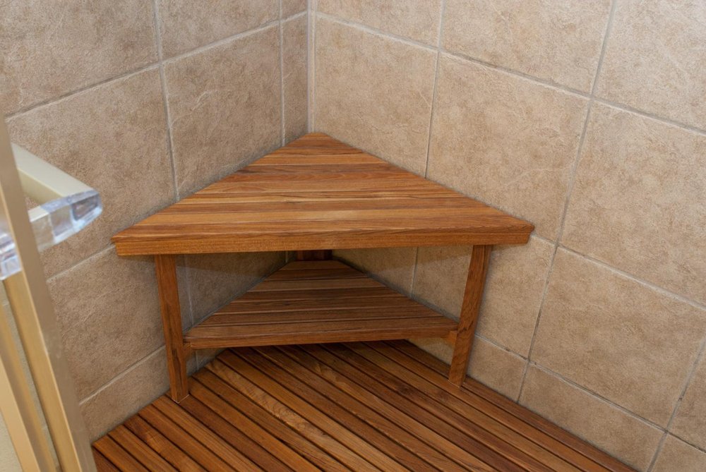 18" X 31" Brown Teak Corner Shower Bench With Shelf HomeRoots