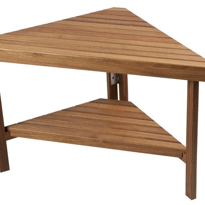 18" X 31" Brown Teak Corner Shower Bench With Shelf