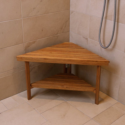 18" X 31" Brown Teak Corner Shower Bench With Shelf HomeRoots