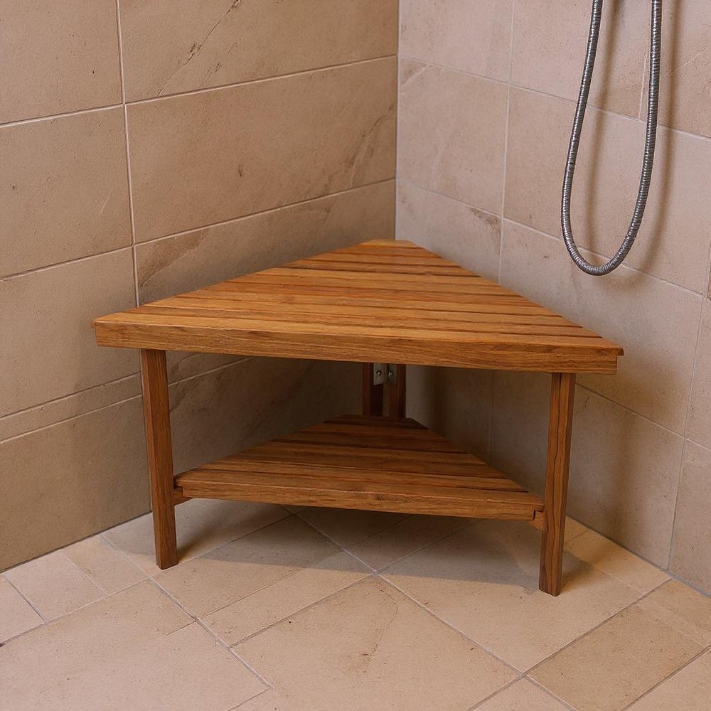 18" X 31" Brown Teak Corner Shower Bench With Shelf HomeRoots
