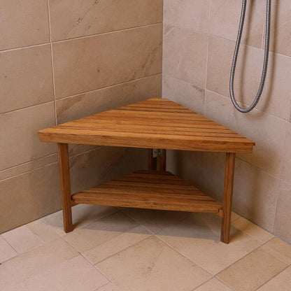 18" X 31" Brown Teak Corner Shower Bench With Shelf HomeRoots