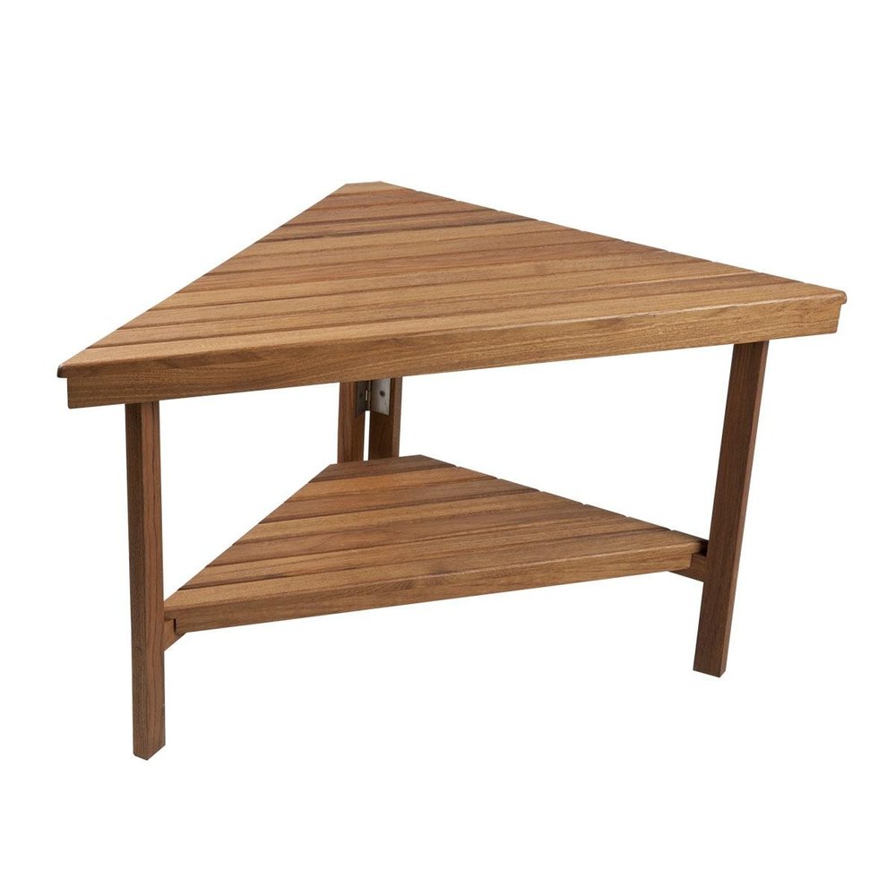 18" X 31" Brown Teak Corner Shower Bench With Shelf