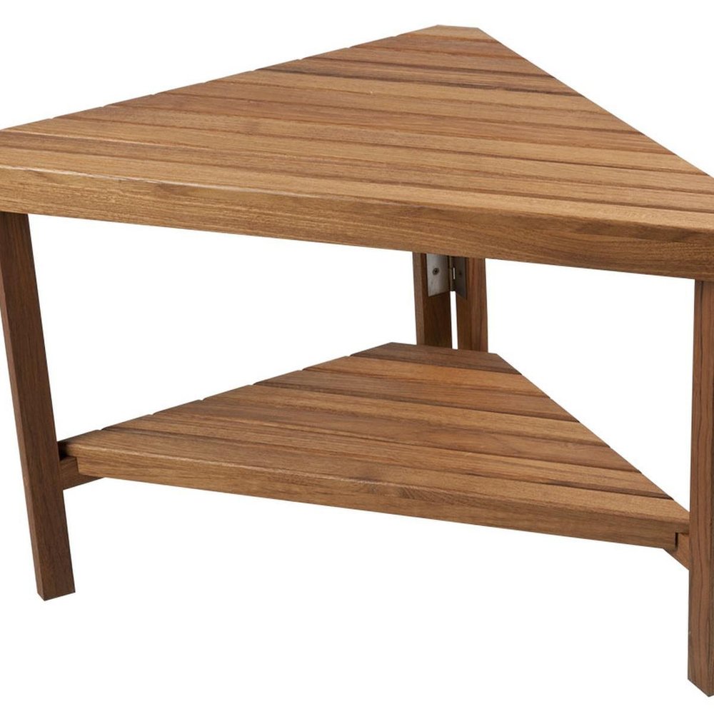 18" X 31" Brown Teak Corner Shower Bench With Shelf — view 9