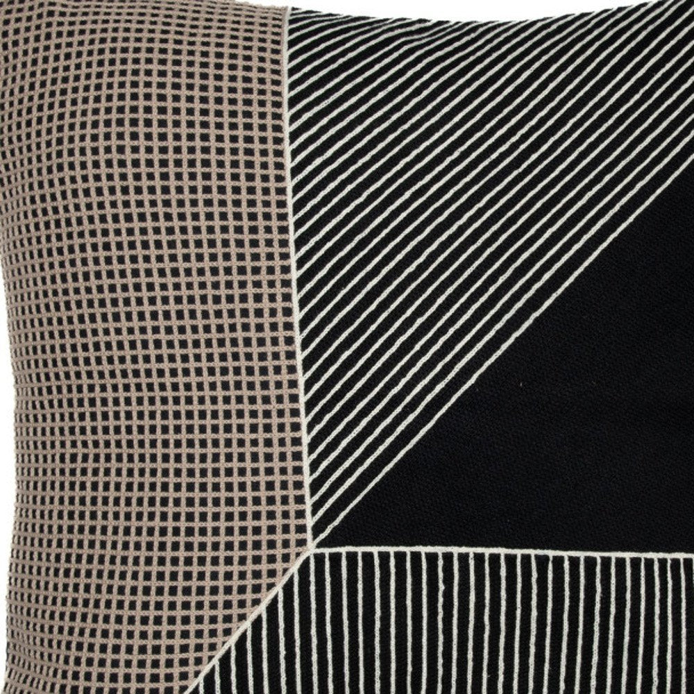 20" Black and White Geometric Cotton Throw Pillow With Embroidery — view 2