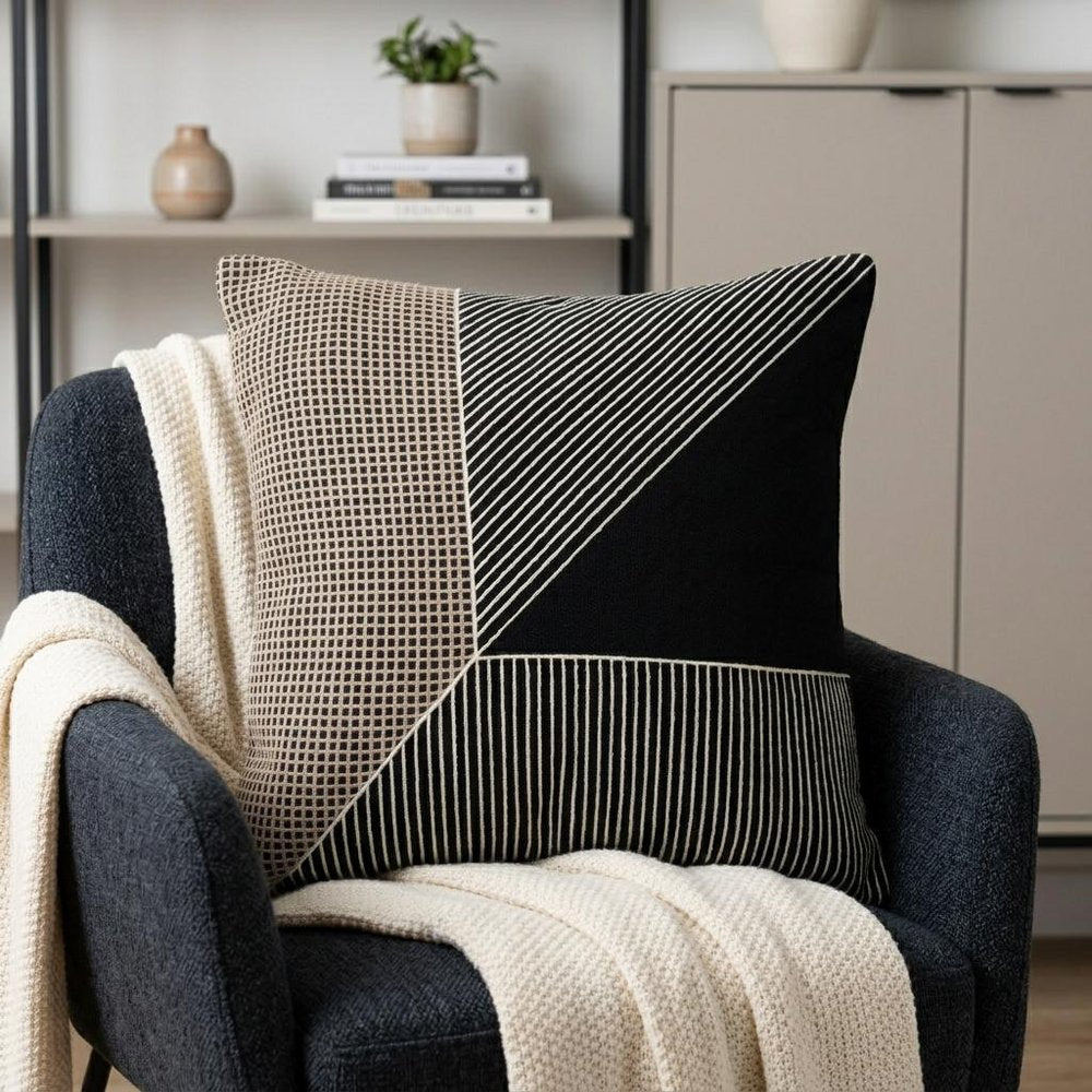 20" Black and White Geometric Cotton Throw Pillow With Embroidery HomeRoots