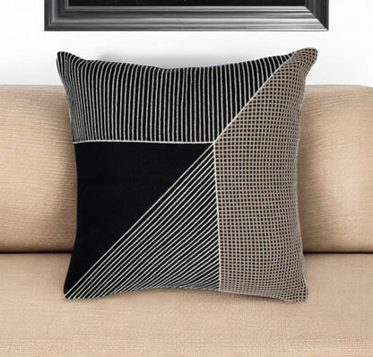 20" Black and White Geometric Cotton Throw Pillow With Embroidery