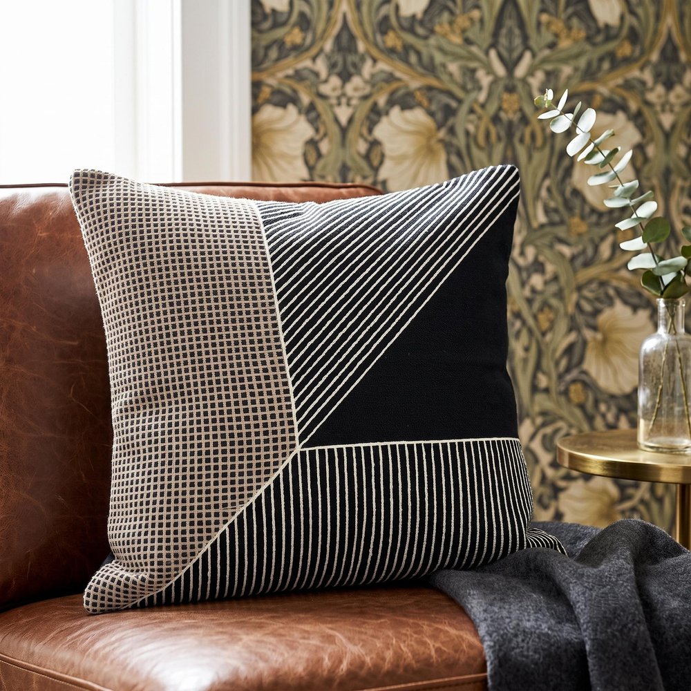 20" Black and White Geometric Cotton Throw Pillow With Embroidery — view 5