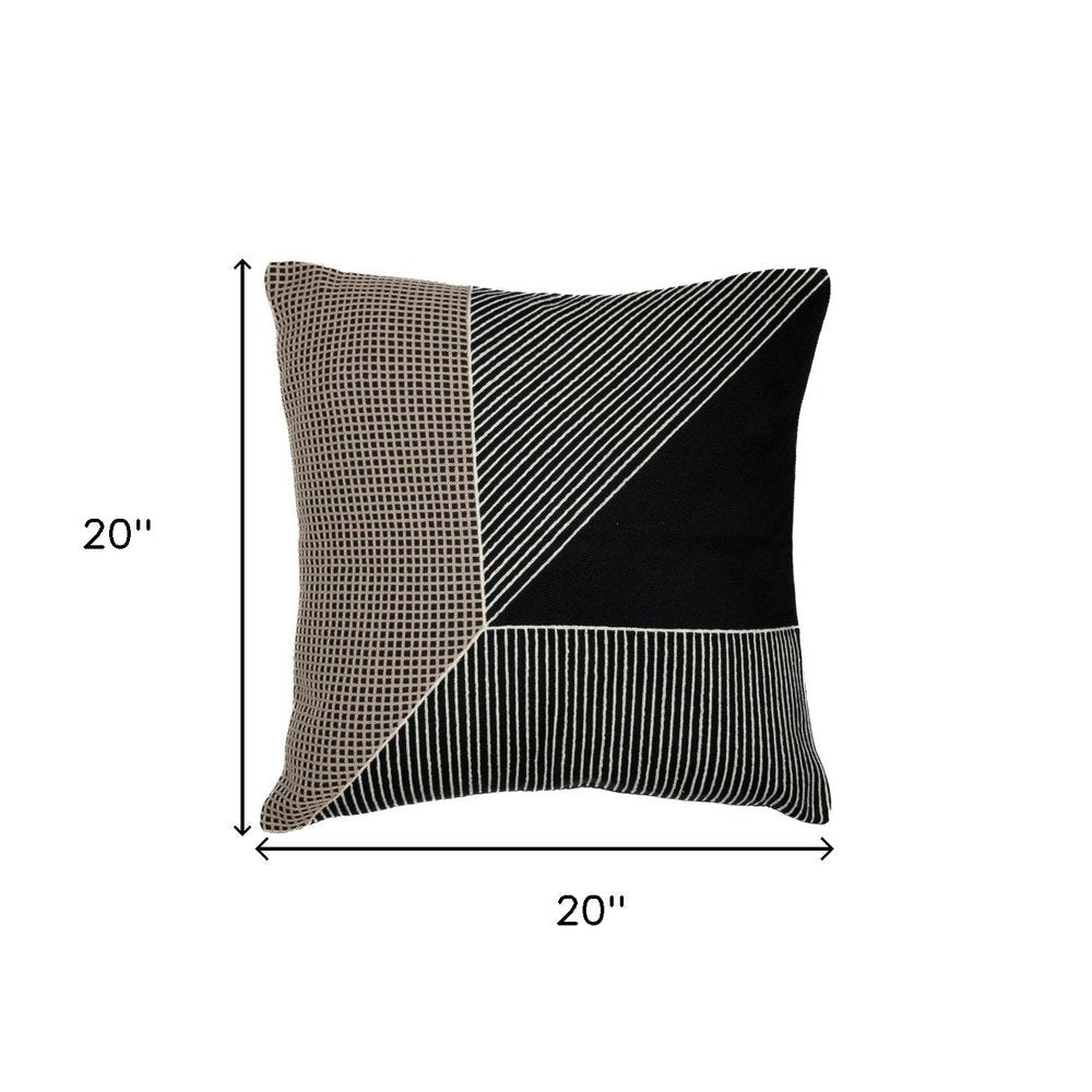 20" Black and White Geometric Cotton Throw Pillow With Embroidery HomeRoots