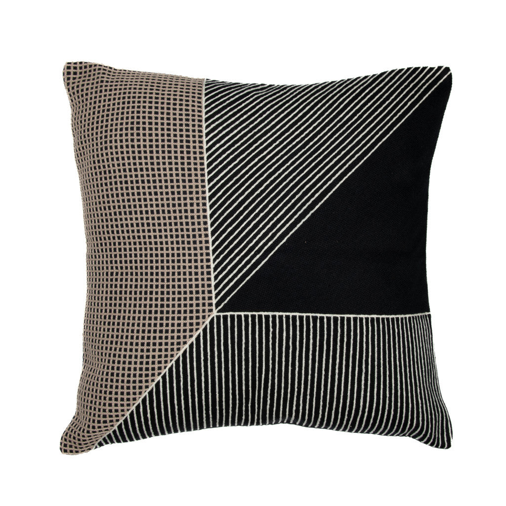 24" Black and White Geometric Cotton Throw Pillow  With Embroidery