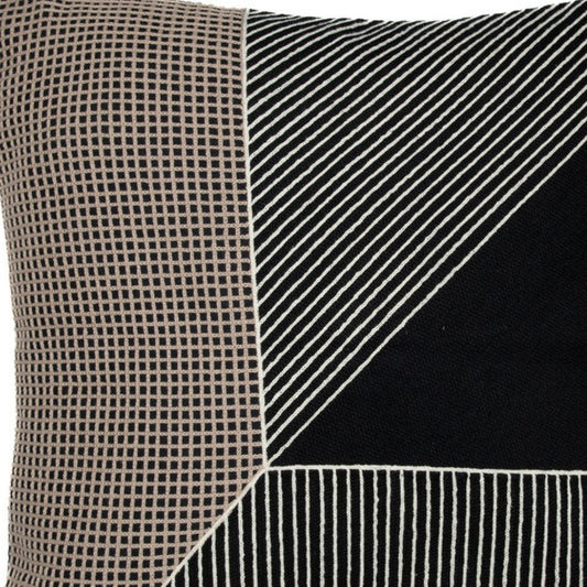 24" Black and White Geometric Cotton Throw Pillow  With Embroidery