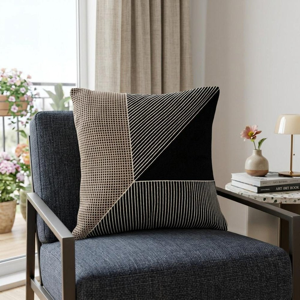 24" Black and White Geometric Cotton Throw Pillow  With Embroidery