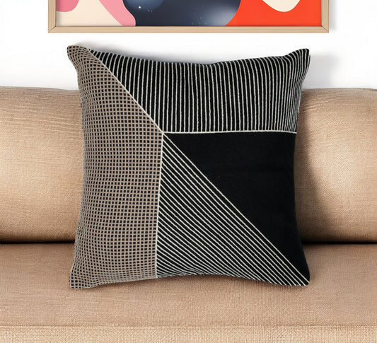 24" Black and White Geometric Cotton Throw Pillow  With Embroidery