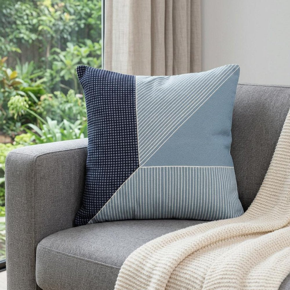 24" Blue and White Geometric Cotton Throw Pillow With Embroidery — view 1