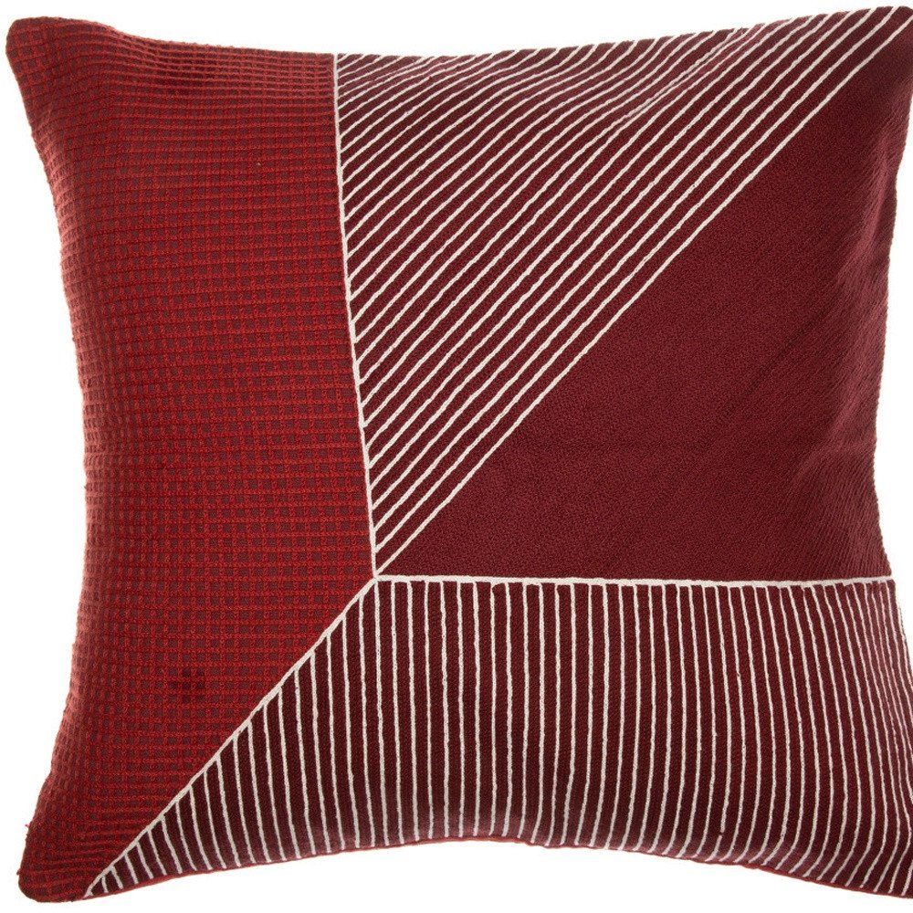 20" Red and White Geometric Cotton Throw Pillow With Embroidery — view 3