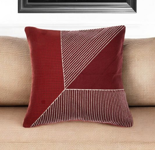 20" Red and White Geometric Cotton Throw Pillow With Embroidery