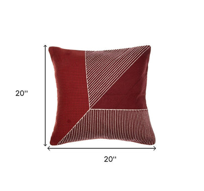 20" Red and White Geometric Cotton Throw Pillow With Embroidery HomeRoots