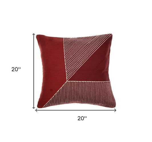 20" Red and White Geometric Cotton Throw Pillow With Embroidery