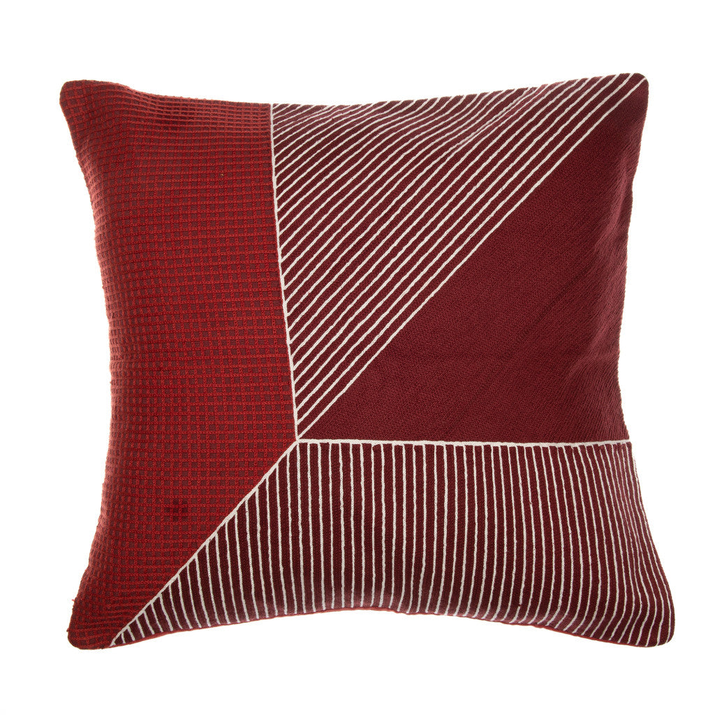 24" Red and White Geometric Cotton Throw Pillow With Embroidery