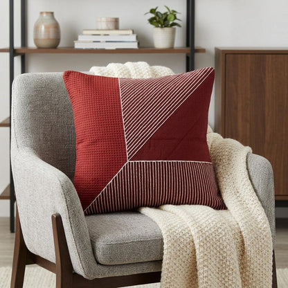 24" Red and White Geometric Cotton Throw Pillow With Embroidery HomeRoots