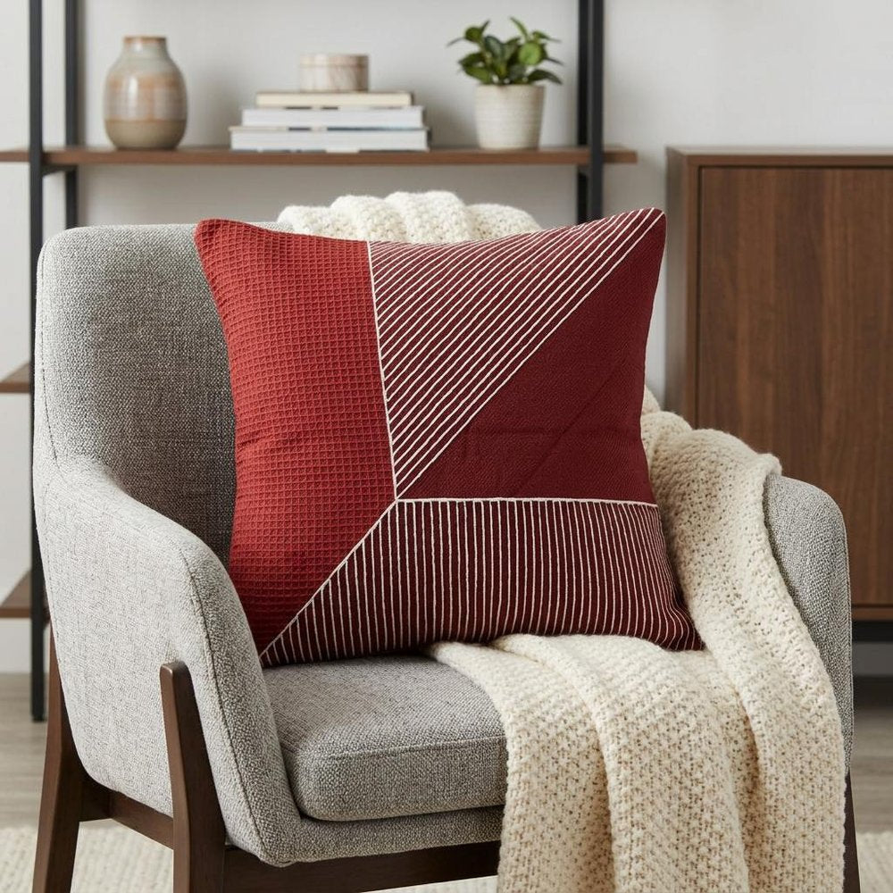 24" Red and White Geometric Cotton Throw Pillow With Embroidery — view 4