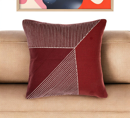 24" Red and White Geometric Cotton Throw Pillow With Embroidery