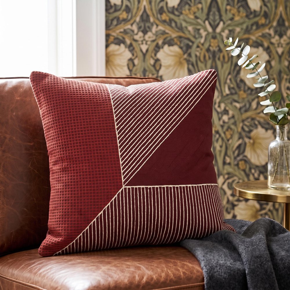24" Red and White Geometric Cotton Throw Pillow With Embroidery HomeRoots