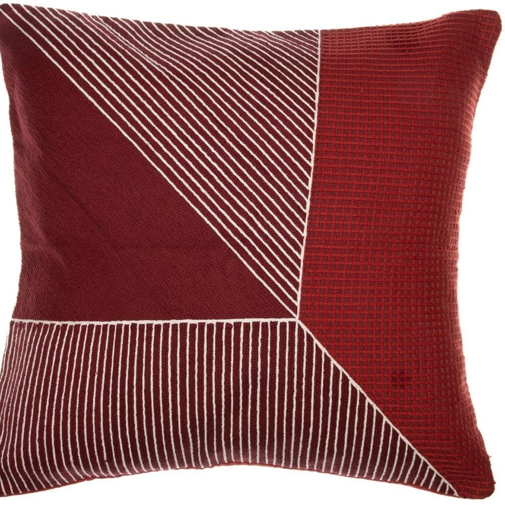 24" Red and White Geometric Cotton Throw Pillow With Embroidery
