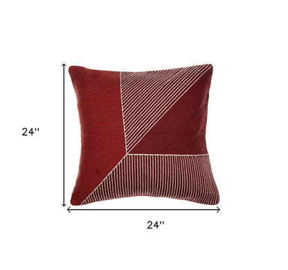 24" Red and White Geometric Cotton Throw Pillow With Embroidery
