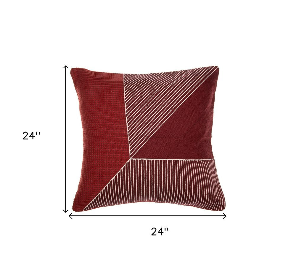 24" Red and White Geometric Cotton Throw Pillow With Embroidery HomeRoots