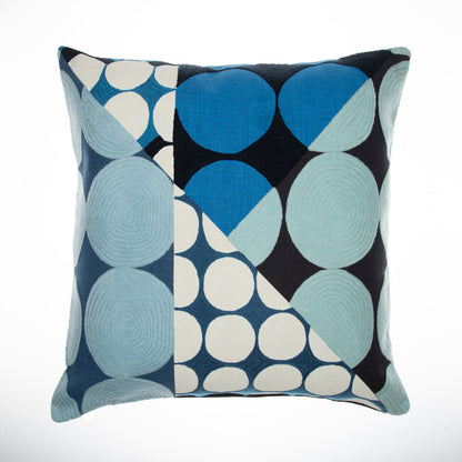 20" Blue and Ivory Geometric Cotton Throw Pillow  With Embroidery