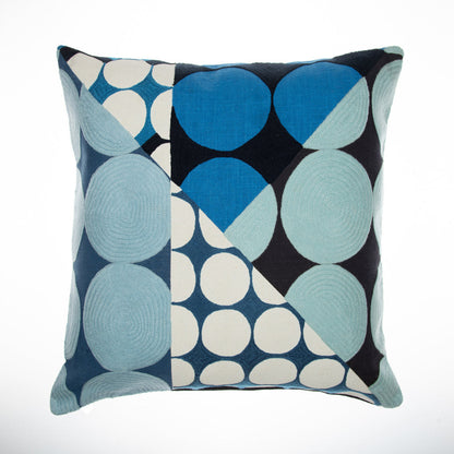 24" Blue and Ivory Geometric Cotton Throw Pillow With Embroidery FurniFindUSA