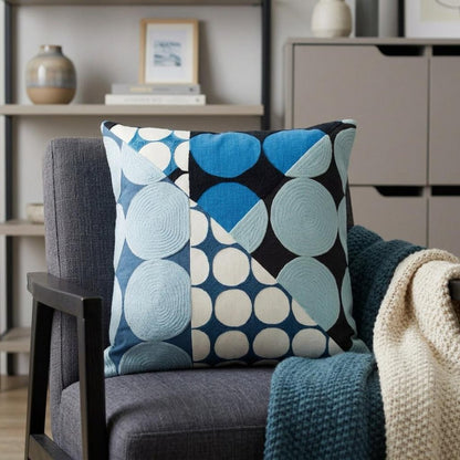 24" Blue and Ivory Geometric Cotton Throw Pillow With Embroidery HomeRoots