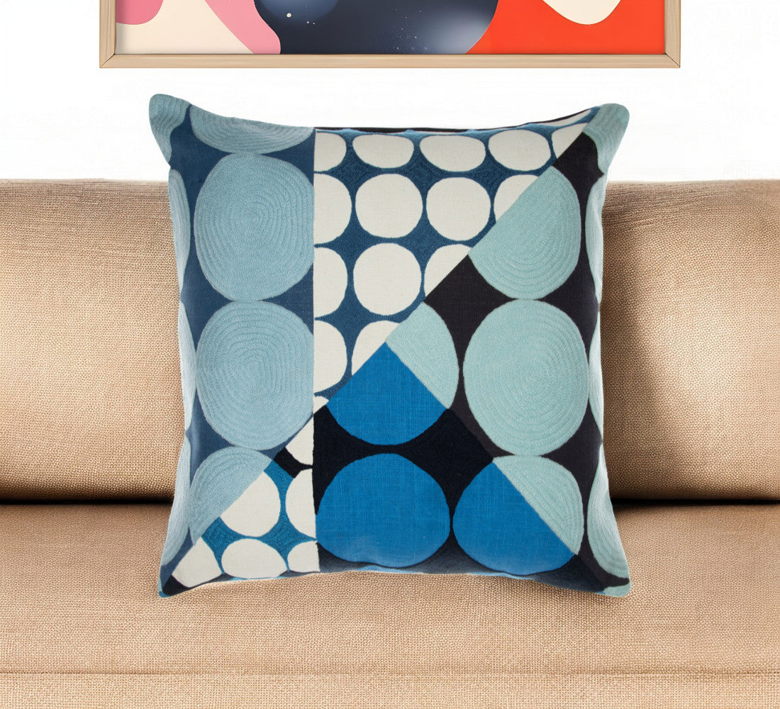 24" Blue and Ivory Geometric Cotton Throw Pillow With Embroidery FurniFindUSA