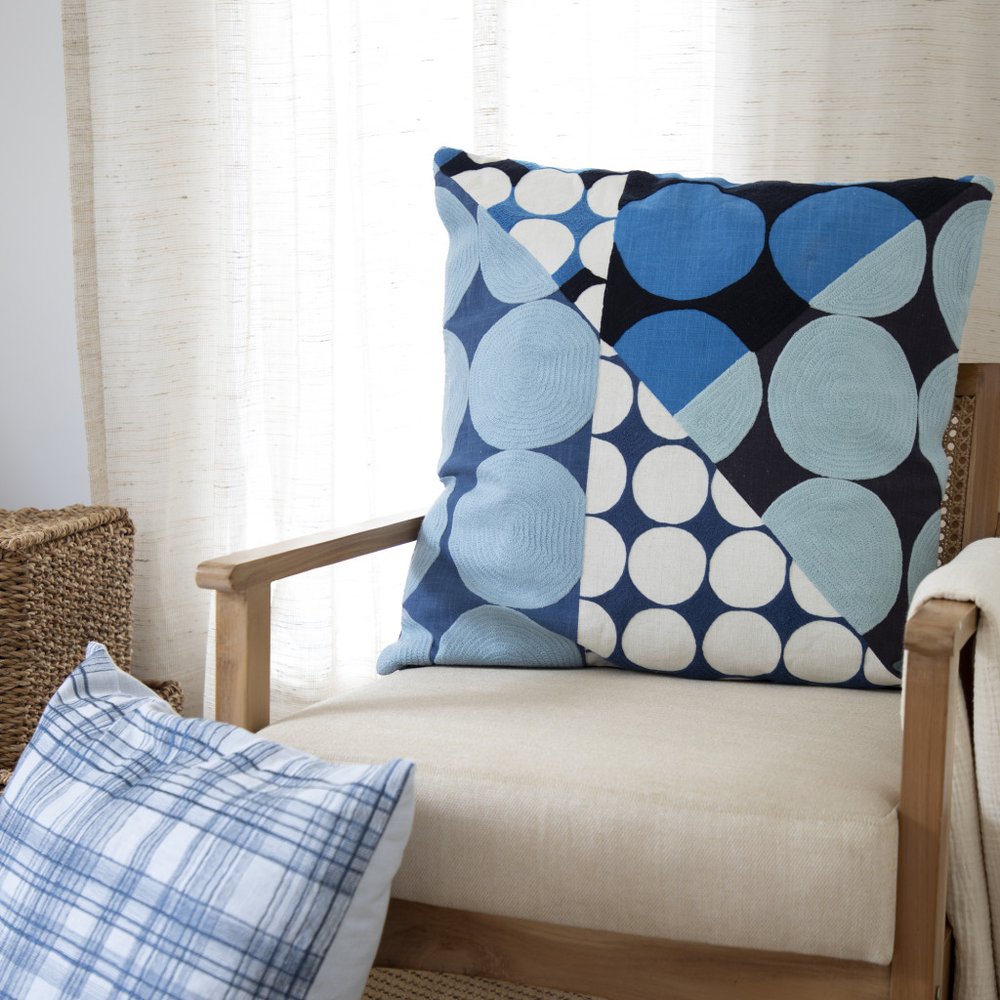 24" Blue and Ivory Geometric Cotton Throw Pillow With Embroidery — view 10