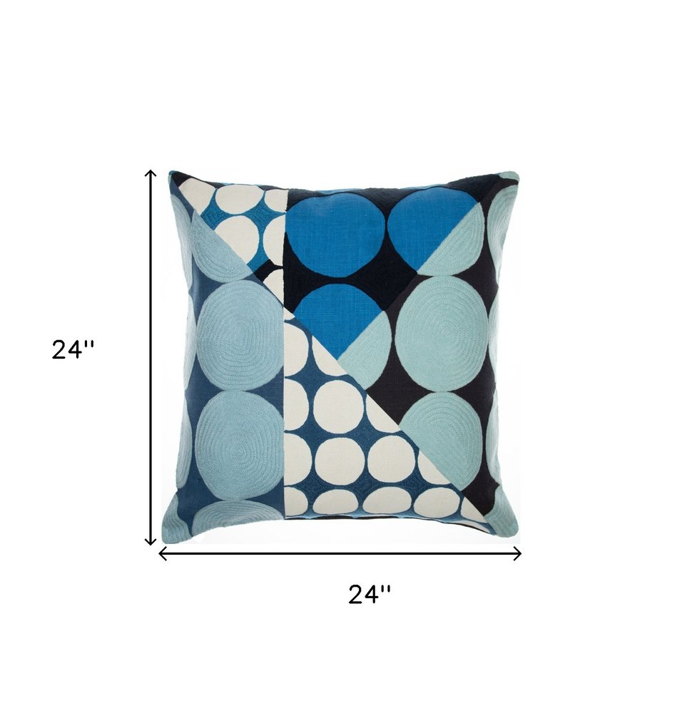24" Blue and Ivory Geometric Cotton Throw Pillow With Embroidery — view 11