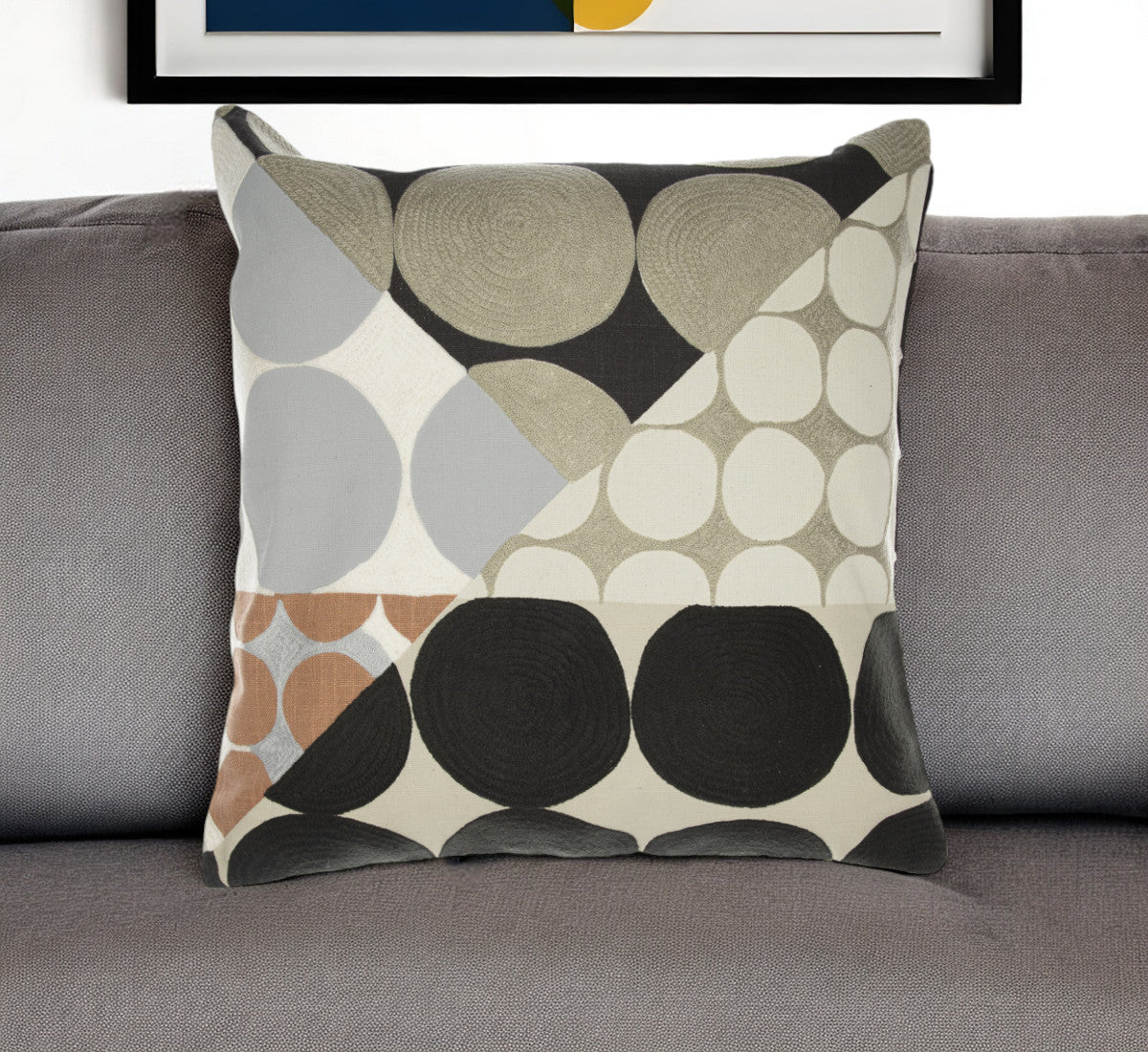 20" Beige and Black Geometric Cotton Throw Pillow With Embroidery FurniFindUSA