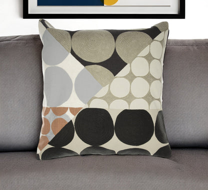 20" Beige and Black Geometric Cotton Throw Pillow With Embroidery FurniFindUSA