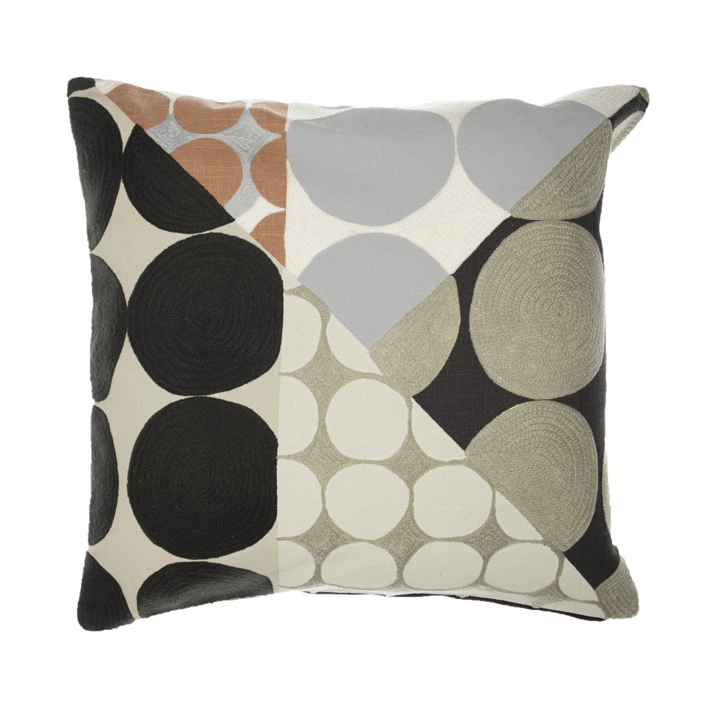 24" Beige and Black Geometric Cotton Throw Pillow With Embroidery