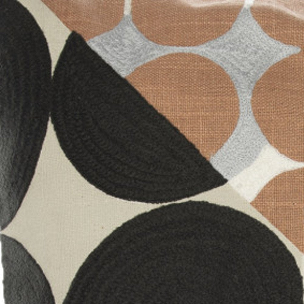 24" Beige and Black Geometric Cotton Throw Pillow With Embroidery HomeRoots