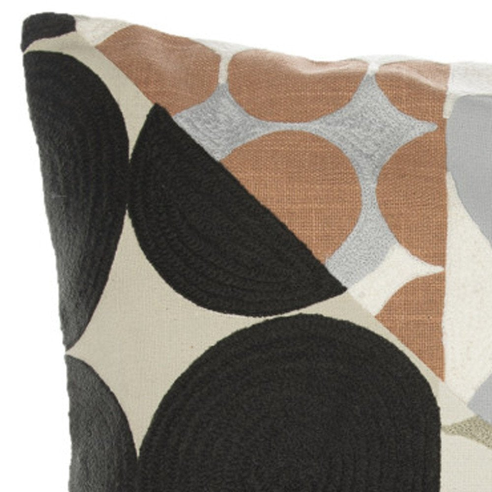 24" Beige and Black Geometric Cotton Throw Pillow With Embroidery HomeRoots
